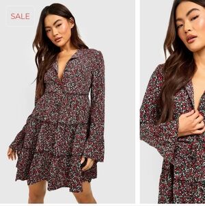 NWT Boohoo Ditsy Floral Tiered Res Green Black Smock Dress 4